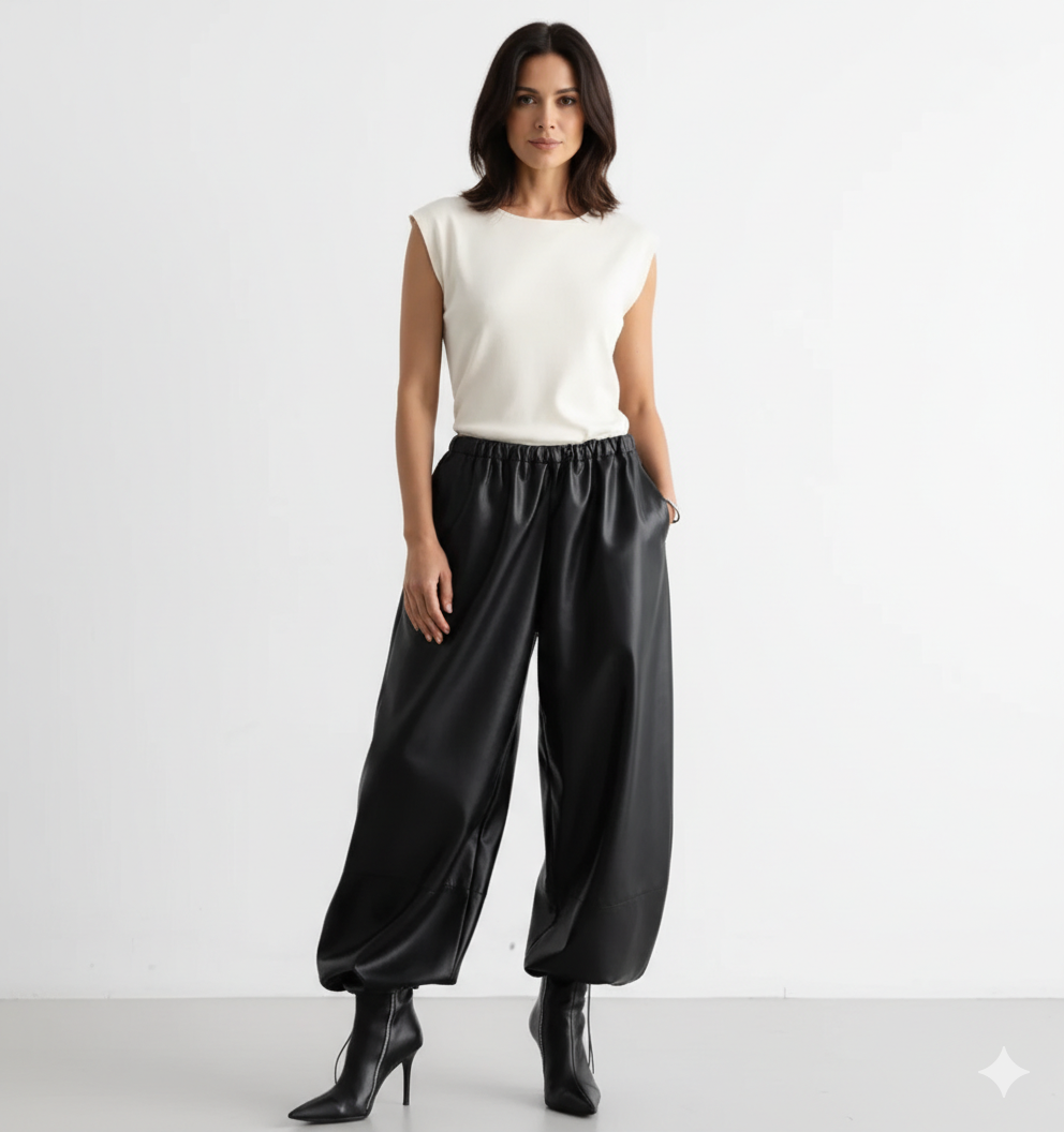 Pantalon en Cuir Femme Coupe Ample – Taille Élastique et Style Urbain