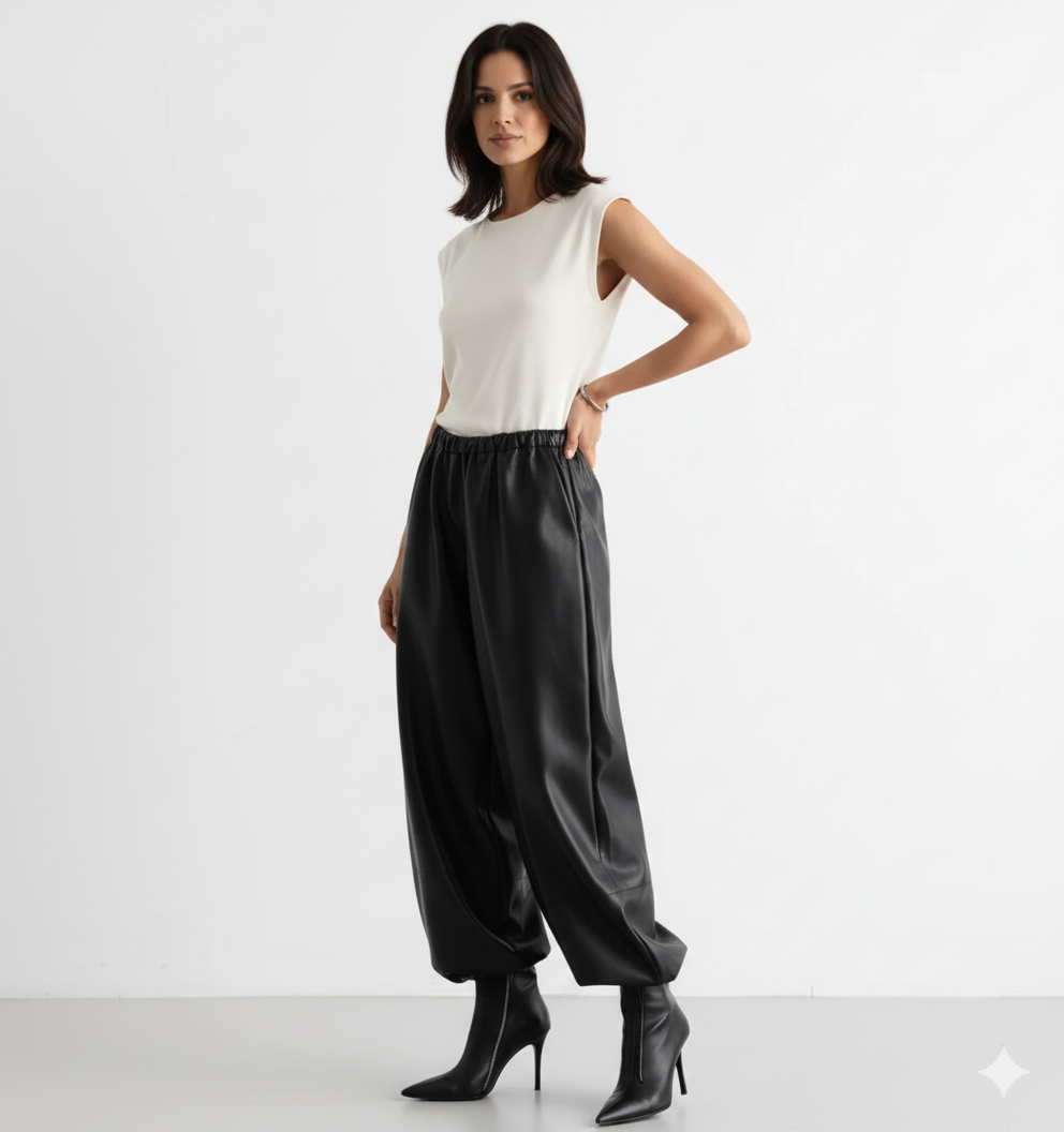 Pantalon en Cuir Femme Coupe Ample – Taille Élastique et Style Urbain