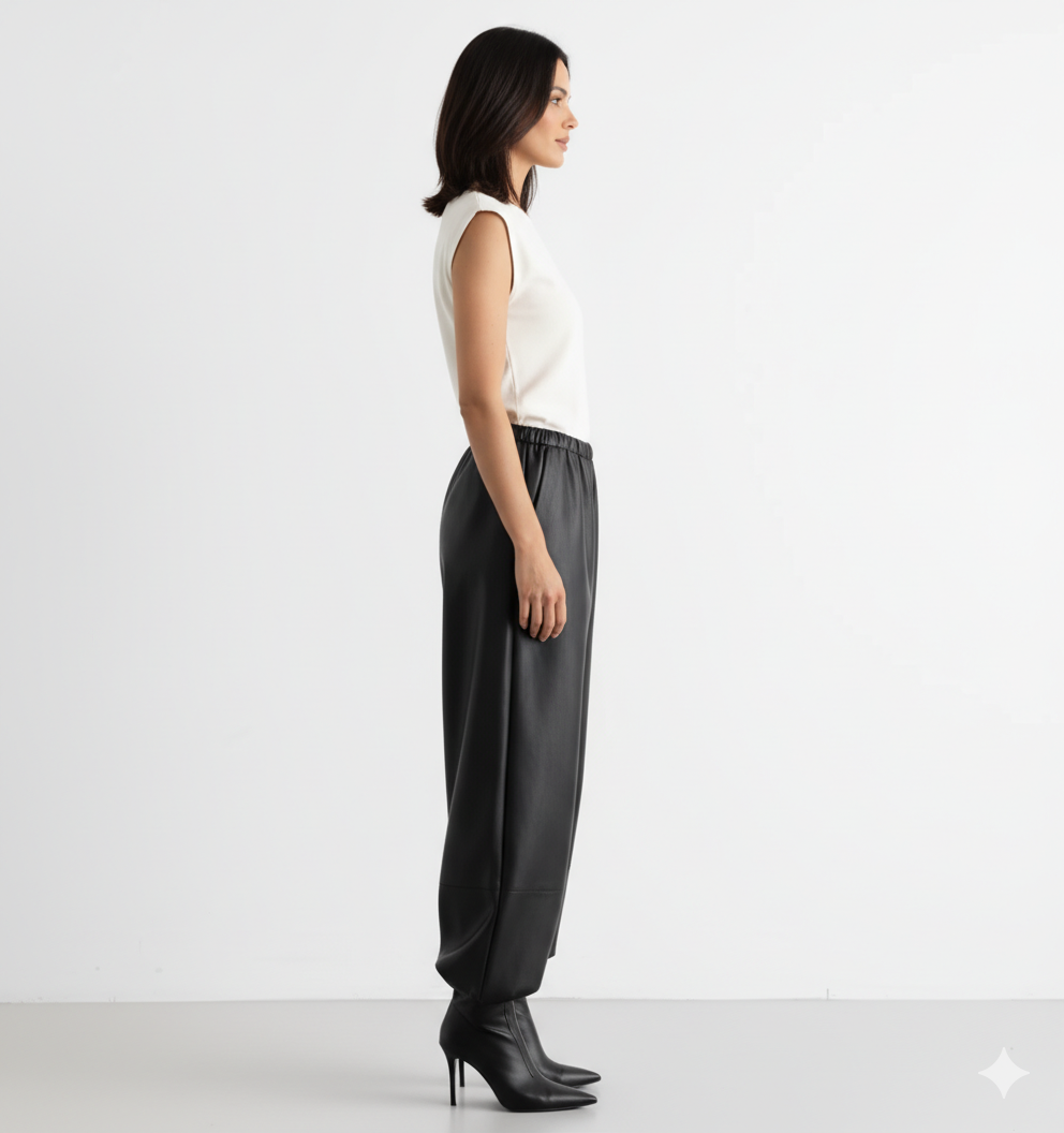 Pantalon en Cuir Femme Coupe Ample – Taille Élastique et Style Urbain