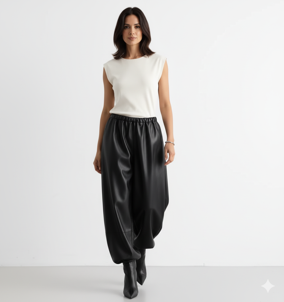 Pantalon en Cuir Femme Coupe Ample – Taille Élastique et Style Urbain