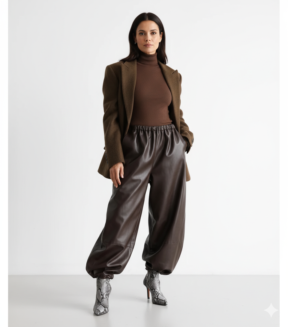 Pantalon en Cuir Femme Coupe Ample – Taille Élastique et Style Urbain