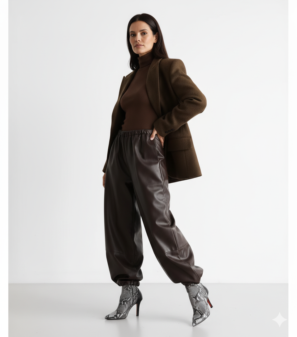 Pantalon en Cuir Femme Coupe Ample – Taille Élastique et Style Urbain