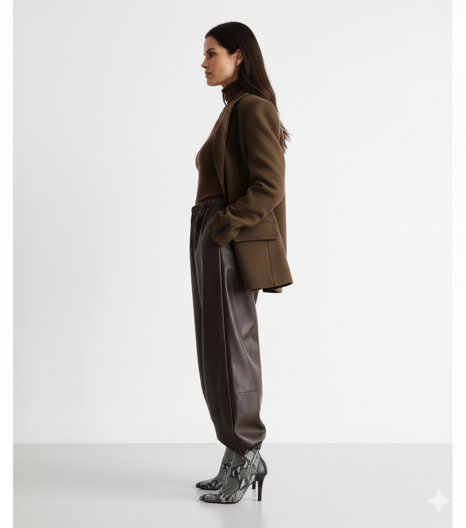 Pantalon en Cuir Femme Coupe Ample – Taille Élastique et Style Urbain