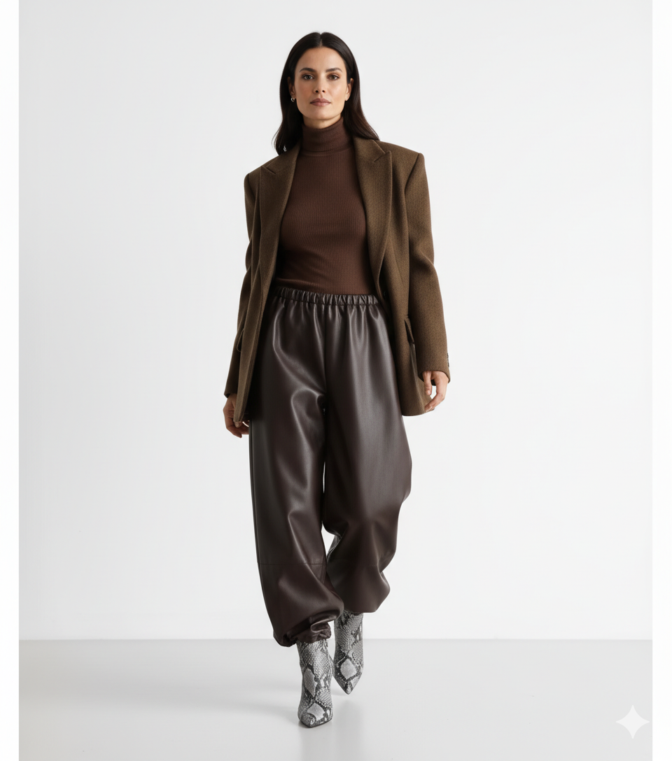 Pantalon en Cuir Femme Coupe Ample – Taille Élastique et Style Urbain