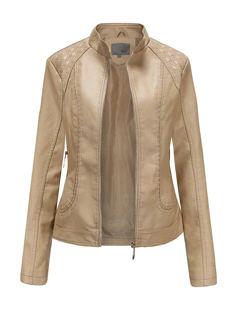 Veste en Cuir Femme Col Montant – Coupe Ajustée et Style Urbain