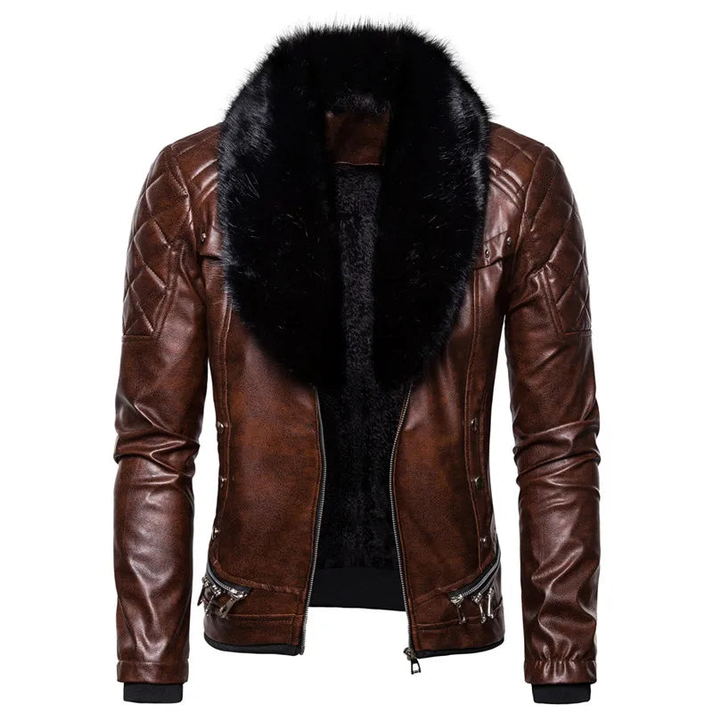 Veste en Cuir Homme Style Biker – Col Fourrure et Coupe Ajustée