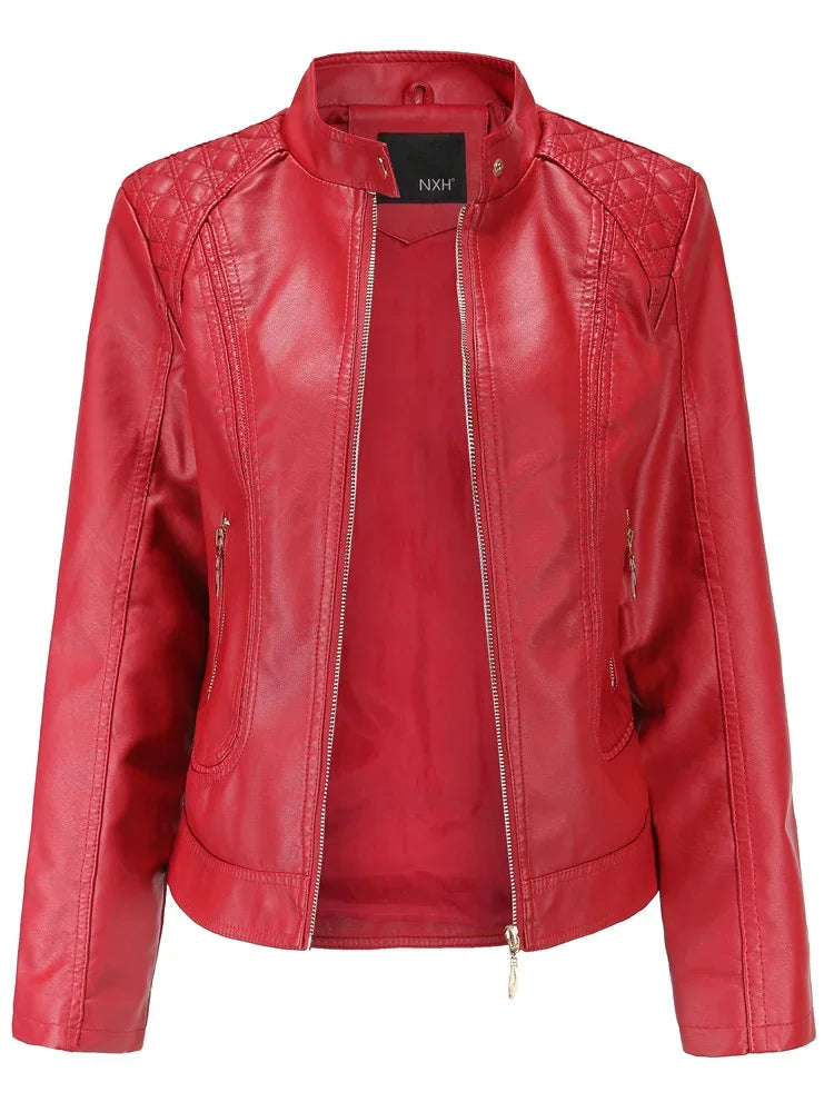 Veste en Cuir Femme Col Montant – Coupe Ajustée et Style Urbain