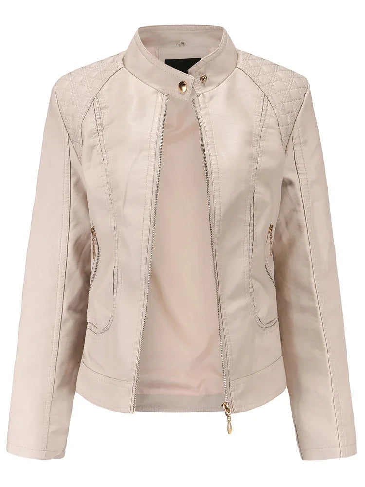 Veste en Cuir Femme Col Montant – Coupe Ajustée et Style Urbain