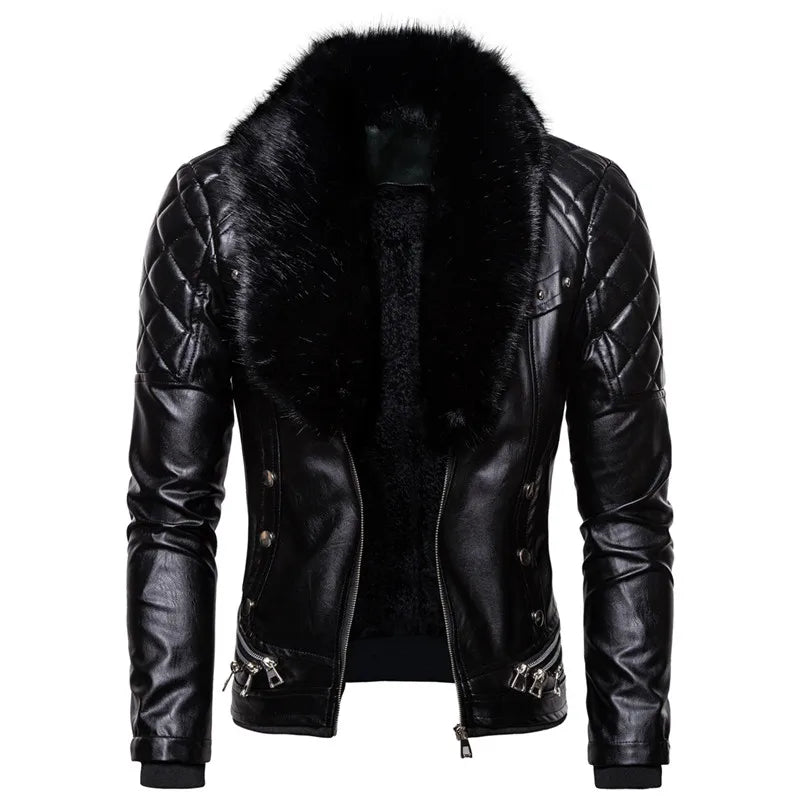 Veste en Cuir Homme Style Biker – Col Fourrure et Coupe Ajustée