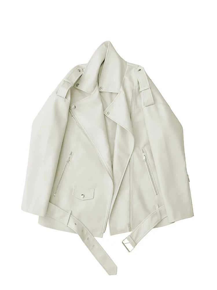 Veste en Cuir Femme Style Biker – Coupe Ample avec Ceinture