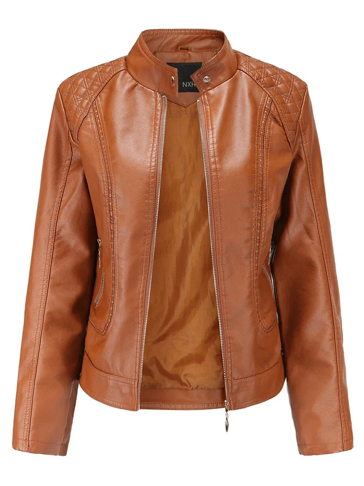 Veste en Cuir Femme Col Montant – Coupe Ajustée et Style Urbain