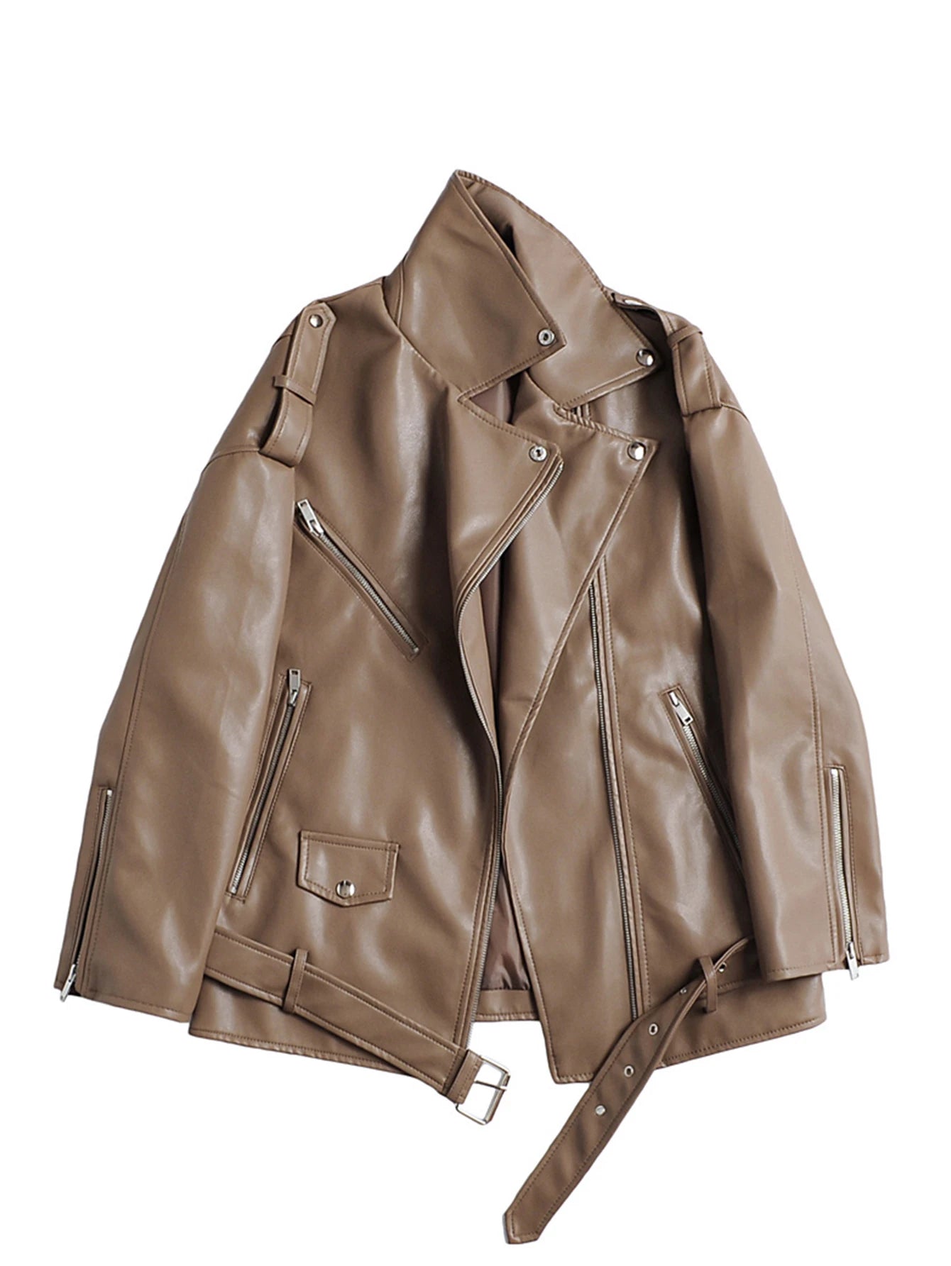 Veste en Cuir Femme Style Biker – Coupe Ample avec Ceinture